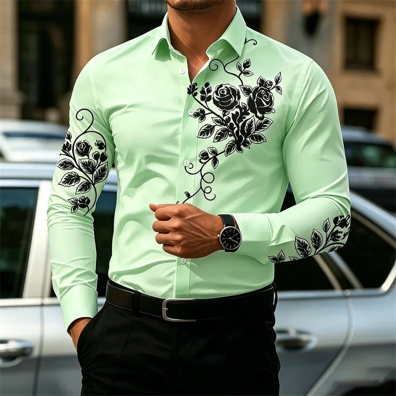 2026 New Men's Shirt with Rose Print, Long Sleeve, Slim Fit, Wrinkle-Free, Business Casual White Shirt, Trendy Men's Shirt