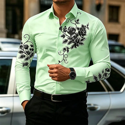 2026 New Men's Shirt with Rose Print, Long Sleeve, Slim Fit, Wrinkle-Free, Business Casual White Shirt, Trendy Men's Shirt
