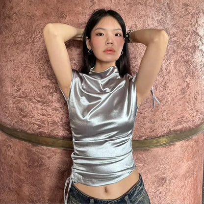 T-shirts Women Short Sleeve Solid Shirring Fashion Streetwear Flods Unique Slim Fit Hotties Chic Tops All-match Half Turtleneck