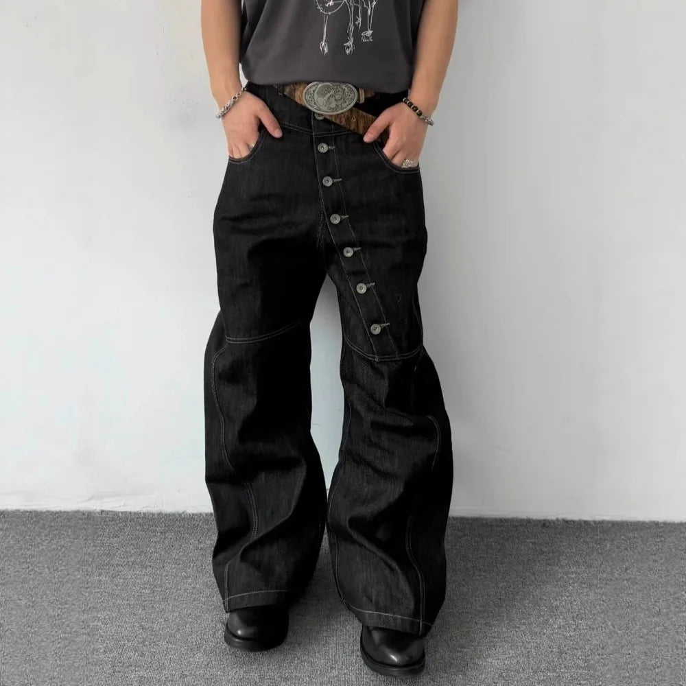Wide-leg Floor-dragging Jeans Niche Retro Long Row of Buttons Man Loose Casual Fashionable Comfortable Cool Personality