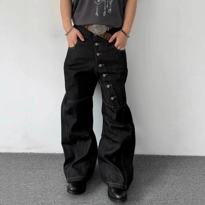 Wide-leg Floor-dragging Jeans Niche Retro Long Row of Buttons Man Loose Casual Fashionable Comfortable Cool Personality