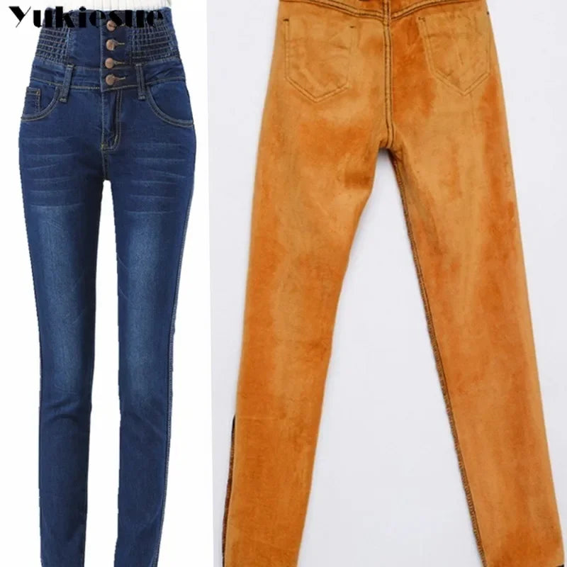 Winter Warm Thick Fleece Woman's Jeans with High Waist Mom Jeans for Women Jean Femme Cloth Black