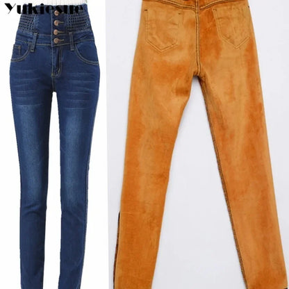 Winter Warm Thick Fleece Woman's Jeans with High Waist Mom Jeans for Women Jean Femme Cloth Black