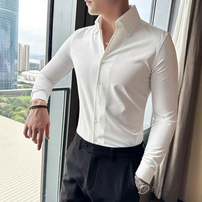 Men Dress Shirt 2025 Autumn Long Sleeve Camisas Business Fashion Shirt Male Solid British Style White Black Shirt Men Clothing
