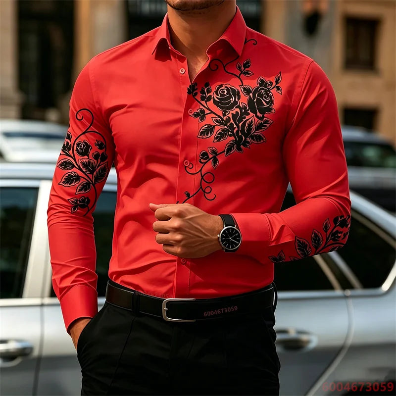 2026 New Men's Shirt with Rose Print, Long Sleeve, Slim Fit, Wrinkle-Free, Business Casual White Shirt, Trendy Men's Shirt