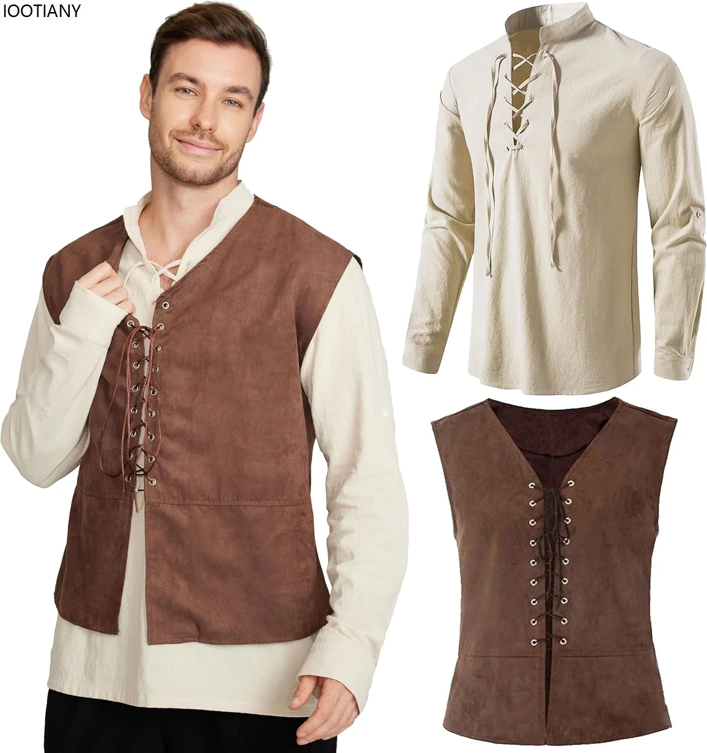 Medieval Renaissance Clothing Men Stand-up Collar Solid Color Shirt Vest Gothic Retro Lace-up Top Plus Vests Two-piece Suits New