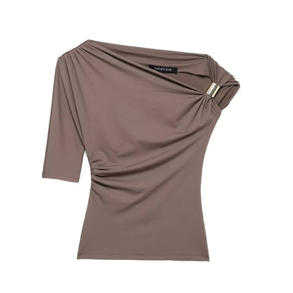 Women's Clothing 2026 Early Spring New Multi Color Sloping Shoulder Off Shoulder Design Side Top