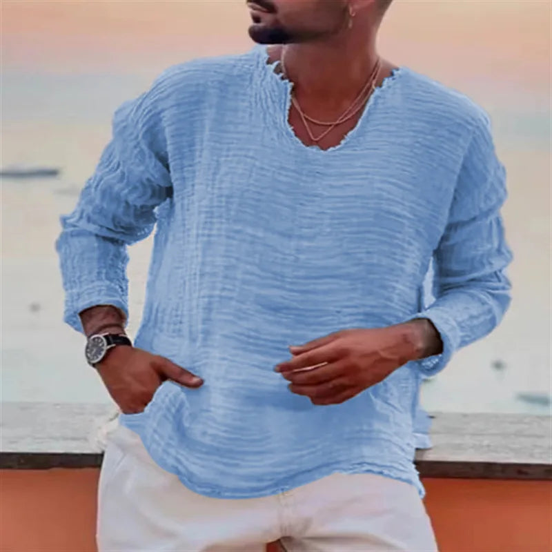 Men's Patchwork T-shirt Men Long Sleeve Fashion Ripped Cotton Tops Latest Summer Casual Linen Pullovers Sexy Mens clothing 2024