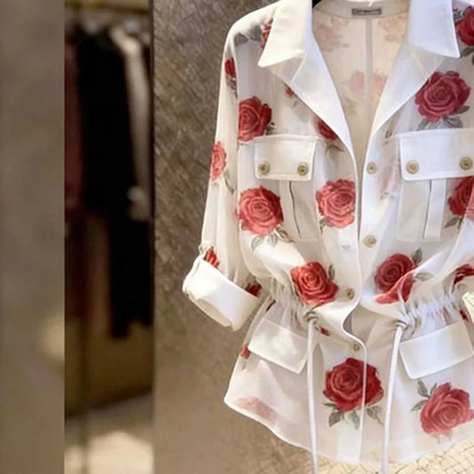 Women's Shirts Blouse Design Sense Rose Printed White Shirt 2026 Summer New Long Sleeve Waist Strap Collar Style Top