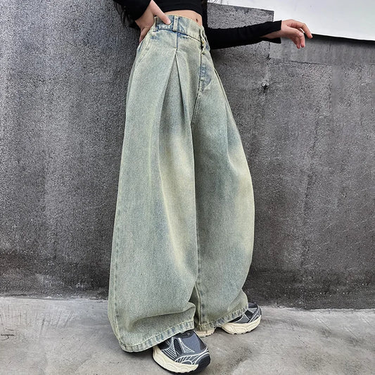 4-14 kid Girls jeans Spring Autumn 2024 junior children westernized street wide leg pants Korean versatile long trousers clothes
