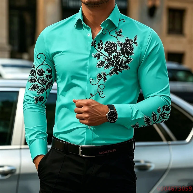 2026 New Men's Shirt with Rose Print, Long Sleeve, Slim Fit, Wrinkle-Free, Business Casual White Shirt, Trendy Men's Shirt