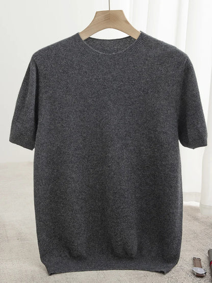 Men Classical T-shirt 100% Merino Wool Sweater O-neck Short Sleeve Pullover Smart Casual Basic Clothing Cashmere Knitwear Tops