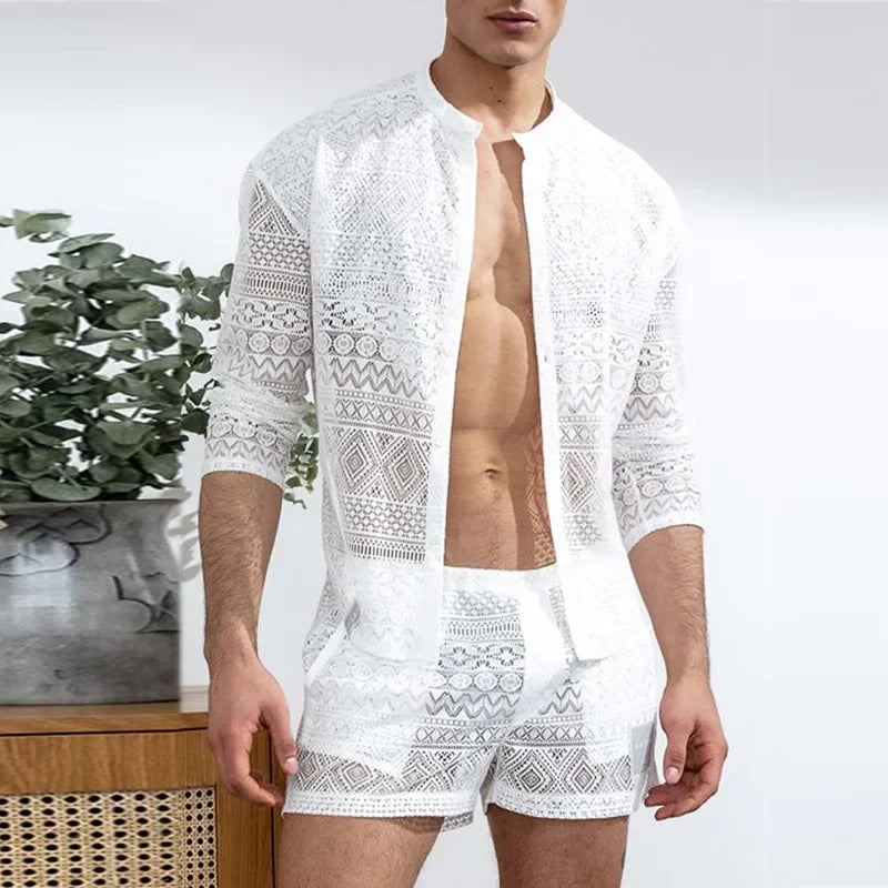 2026 Cross-border AliExpress European and American men's long-sleeved lace cut-out shirt casual shorts men's suit