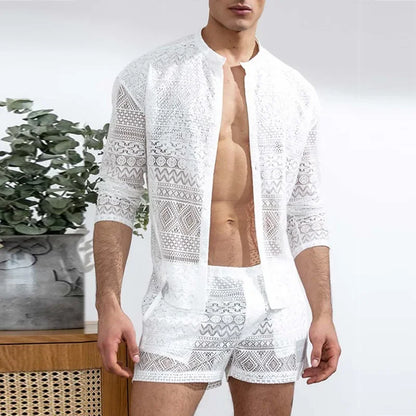 2026 Cross-border AliExpress European and American men's long-sleeved lace cut-out shirt casual shorts men's suit