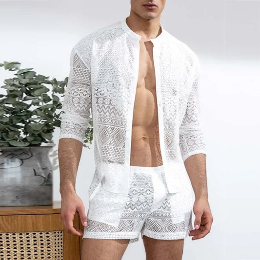 2026 Cross-border AliExpress European and American men's long-sleeved lace cut-out shirt casual shorts men's suit