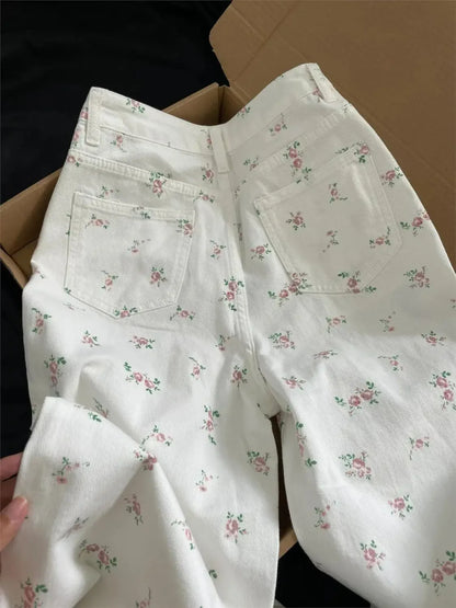 White floral straight jeans women's early autumn new thin loose high waist covered Joker slim casual wide-leg pants. jeans