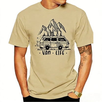 Men Clothing  Van Life Ladies Camping Printed T-Shirt Male Designing T Shirt Top Tee Vintage Outdoor Classic O-neck Woman Tshirt