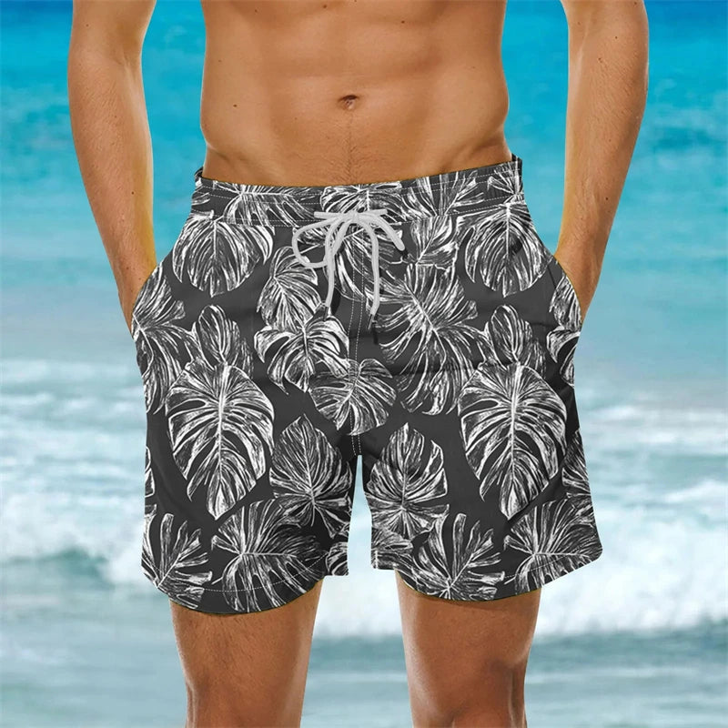 2025 New Men's Sportswear Gym Beach Shorts 3D Print Tropical Plant Pattern Men Shorts Comfortable Quick Drying Men Beach Shorts