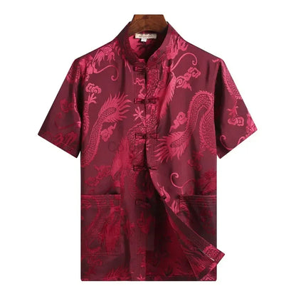 Traditional Chinese Clothing for Men Red Tang Suit Hanfu Short Sleeve Shirt Vintage Kung Fu China Tops Embroidery Clothes