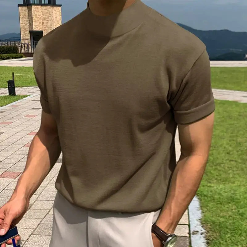 2025 Summer New AliExpress Men's Spot Korean Version Base Shirt Foreign Trade Solid Color Turtleneck Short Sleeves