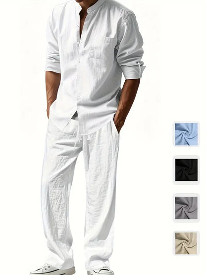 Men's Cotton Linen Shirt and Pants Set Breathable Comfortable Casual Two Piece Outfit Summer Style