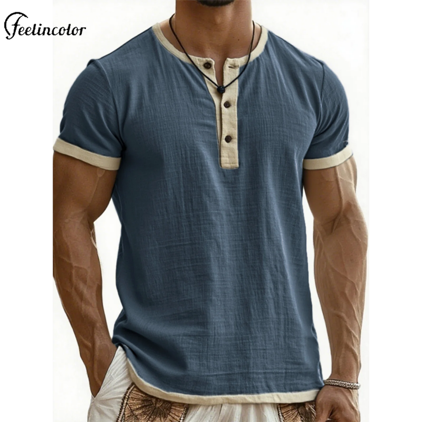 Men's Linen Cotton Patchwork T-shirk Summer Casual Short-sleeved Shirt Comfortable Breathable Top Round Collar Male Clothing
