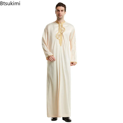 Muslim Men Clothing Kaftan Robes Long Sleeves Stand Collar Eid Thobe Kurta Arab Turkish Dress Dubai Islam Habit Ethnic Leisure