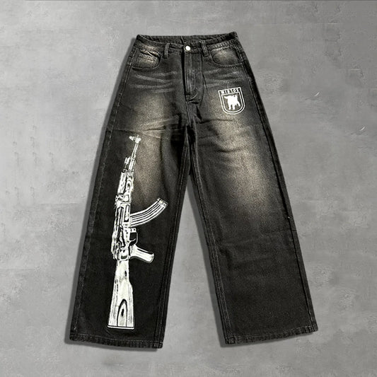 Printed Washed Loose Jeans Men's Harajuku Y2K New Hip-Hop Oversized Wide Leg Pants Men's and Women's Floor Mopping Jeans
