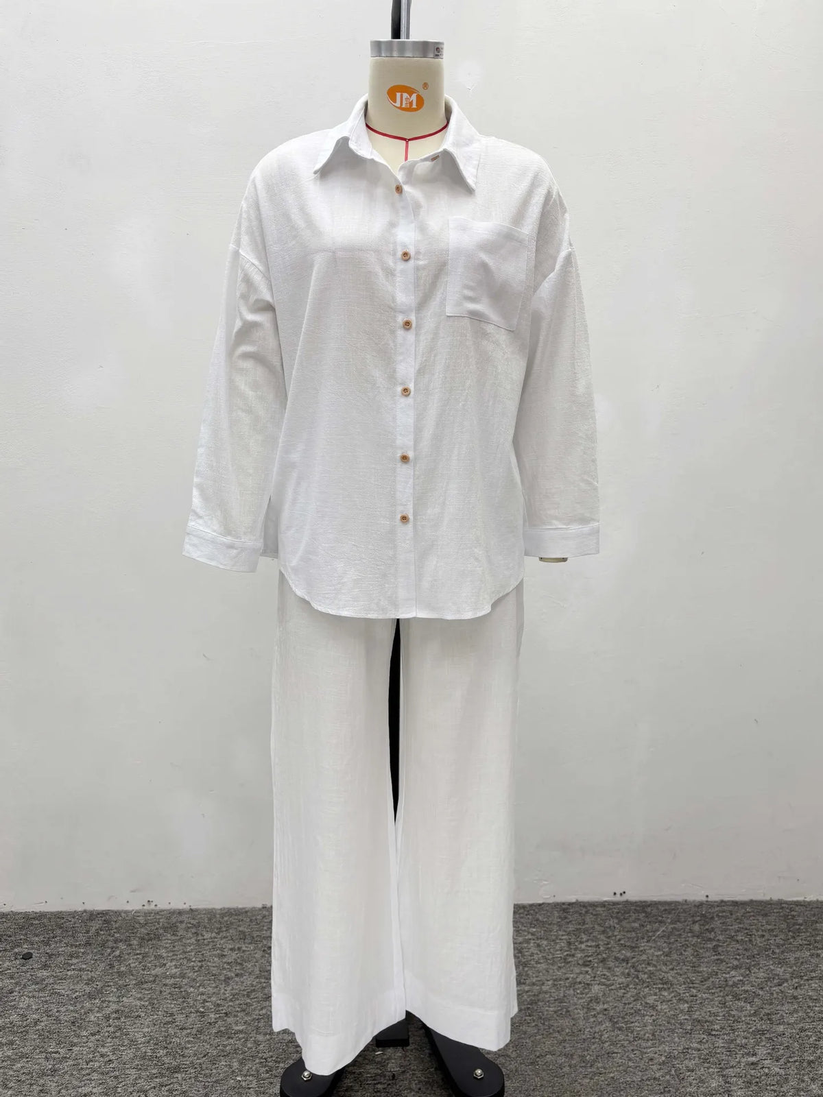 Two Piece Set Women Wholesale Lapel Loose Single Breasted Shirt High Waisted Straight Leg Pants Casual Elegant Suit