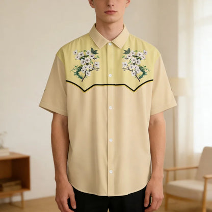 Men's Fashion Casual Shirt with Musical & Floral Design Short Sleeve Button Up Shirt Retro Hawaiian Inspired Summer Shirt