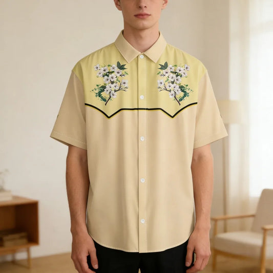 Men's Fashion Casual Shirt with Musical & Floral Design Short Sleeve Button Up Shirt Retro Hawaiian Inspired Summer Shirt