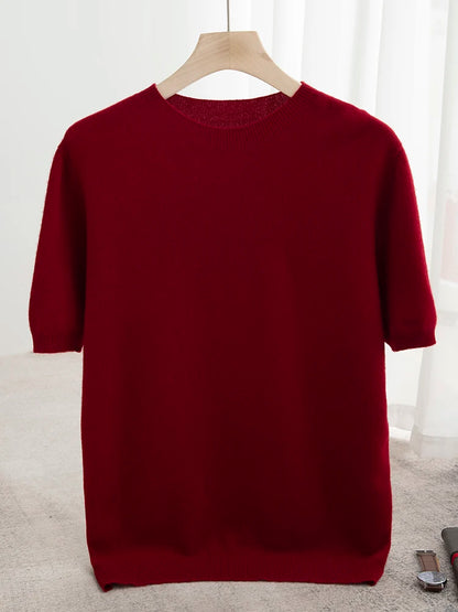 Men Classical T-shirt 100% Merino Wool Sweater O-neck Short Sleeve Pullover Smart Casual Basic Clothing Cashmere Knitwear Tops