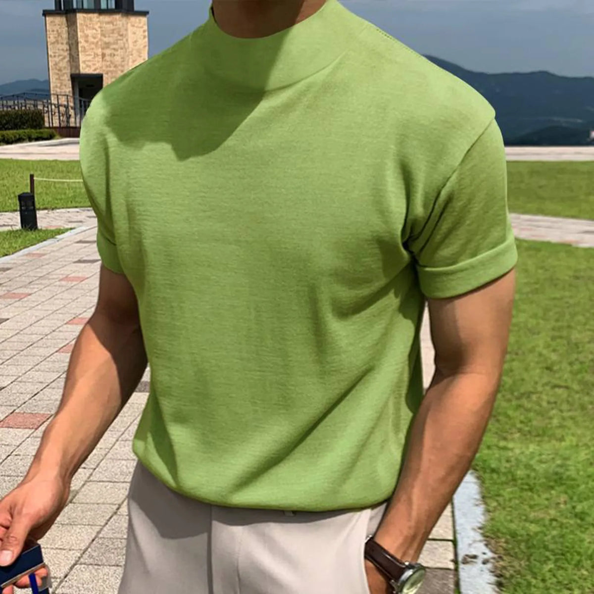 2025 Summer New AliExpress Men's Spot Korean Version Base Shirt Foreign Trade Solid Color Turtleneck Short Sleeves