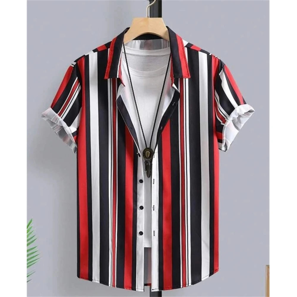 Hawaiian Shirts For Men 3d Striped Print Short Sleeve Shirts Summer Loose Casual Tops Simple Fashion Oversized Men Clothing