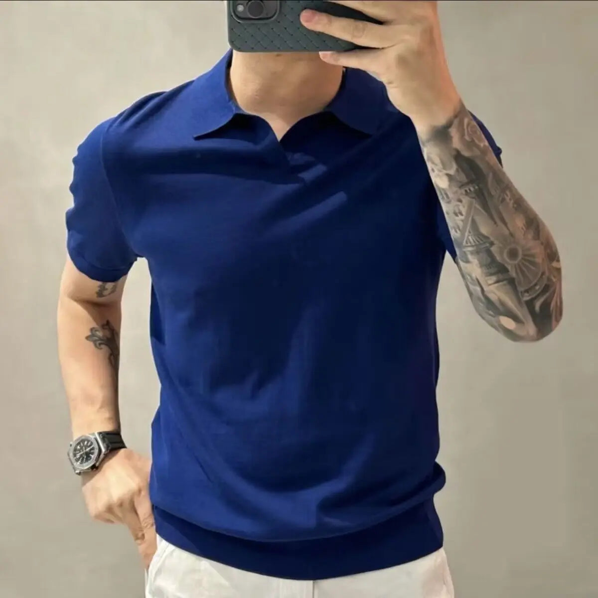 2023 Men's Clothing Light Luxury Knitted Polo Shirt Casual Soild V-Neck Solid Jacquard Short Sleeve T-Shirt Breathable M-4XL