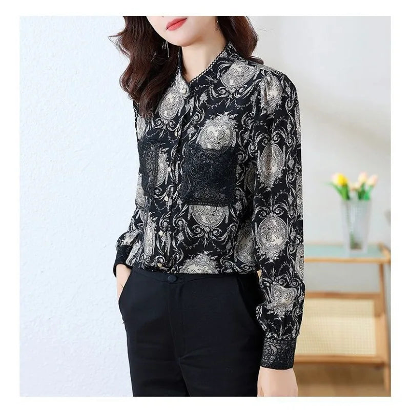 Shirts for Women in Spring Autumn New Style Printed Satin Stylish Slim Fashion Commuting Simple