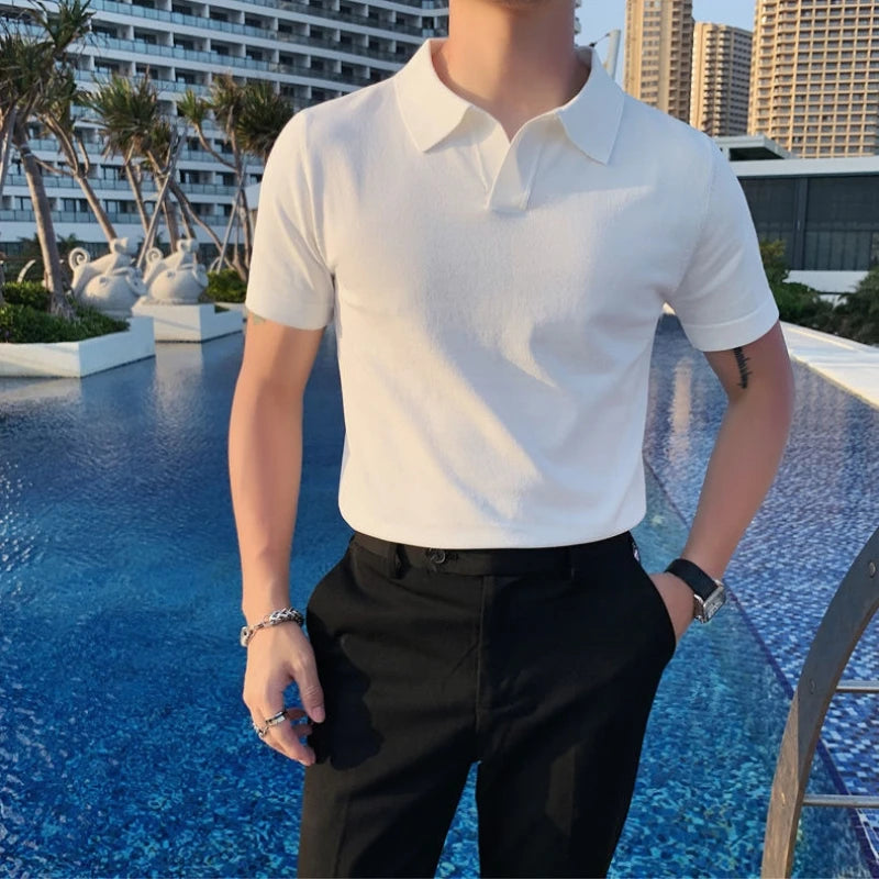 2023 Men's Clothing Light Luxury Knitted Polo Shirt Casual Soild V-Neck Solid Jacquard Short Sleeve T-Shirt Breathable M-4XL