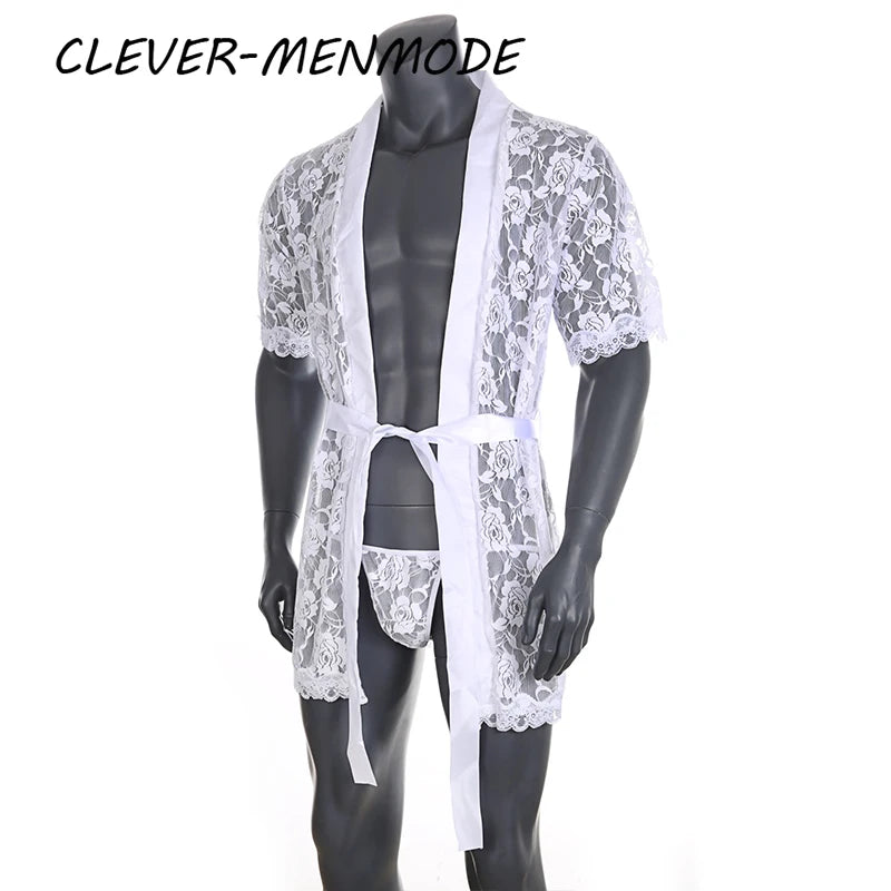 Men's Sexy Short Sleeve See-Through Lace Bathrobe Transparent Sex Erotic Pajamas Thong Hot Suit Home Wear Clothing