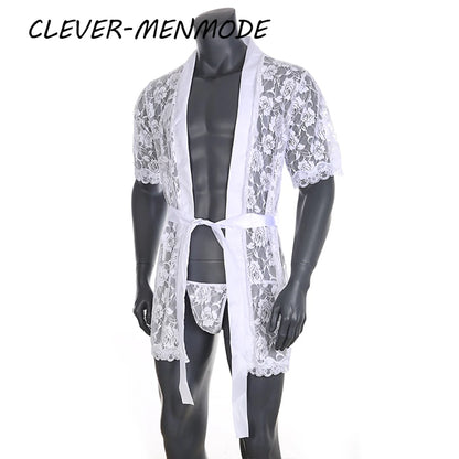 Men's Sexy Short Sleeve See-Through Lace Bathrobe Transparent Sex Erotic Pajamas Thong Hot Suit Home Wear Clothing