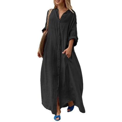 Women's Clothing Casual Pocket Shirt Collar Long Skirt Casual Cotton Linen Dress