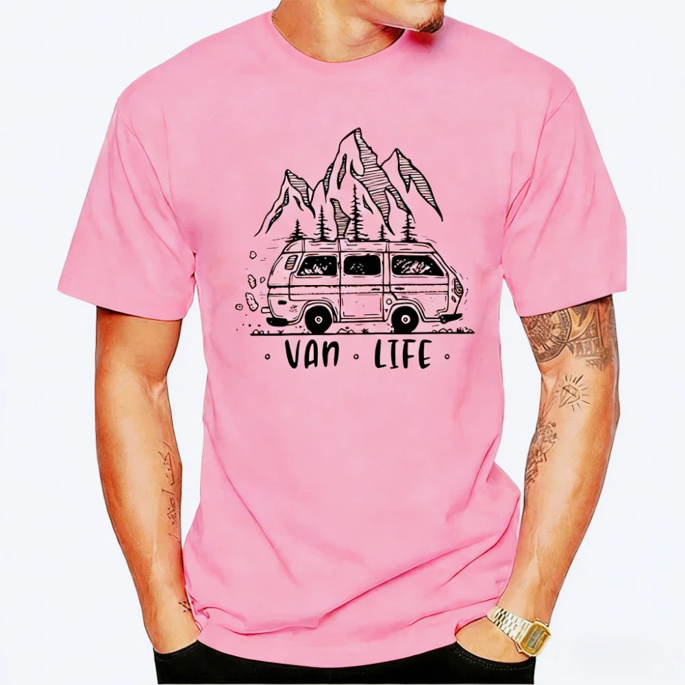 Men Clothing  Van Life Ladies Camping Printed T-Shirt Male Designing T Shirt Top Tee Vintage Outdoor Classic O-neck Woman Tshirt