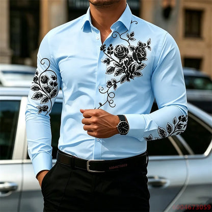 2026 New Men's Shirt with Rose Print, Long Sleeve, Slim Fit, Wrinkle-Free, Business Casual White Shirt, Trendy Men's Shirt