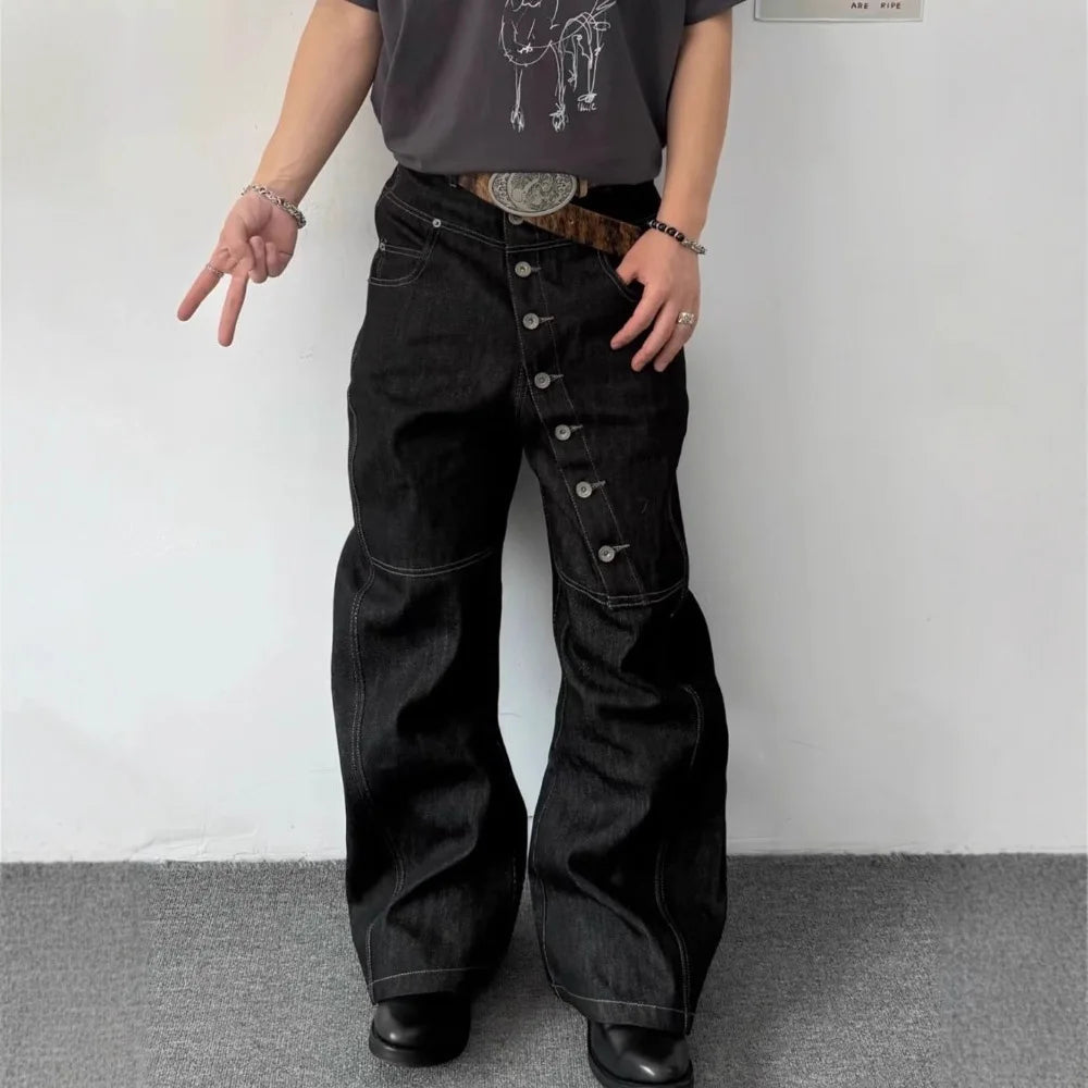 Wide-leg Floor-dragging Jeans Niche Retro Long Row of Buttons Man Loose Casual Fashionable Comfortable Cool Personality