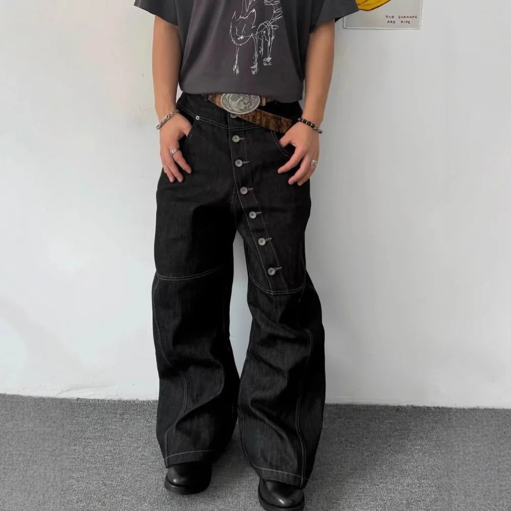Wide-leg Floor-dragging Jeans Niche Retro Long Row of Buttons Man Loose Casual Fashionable Comfortable Cool Personality