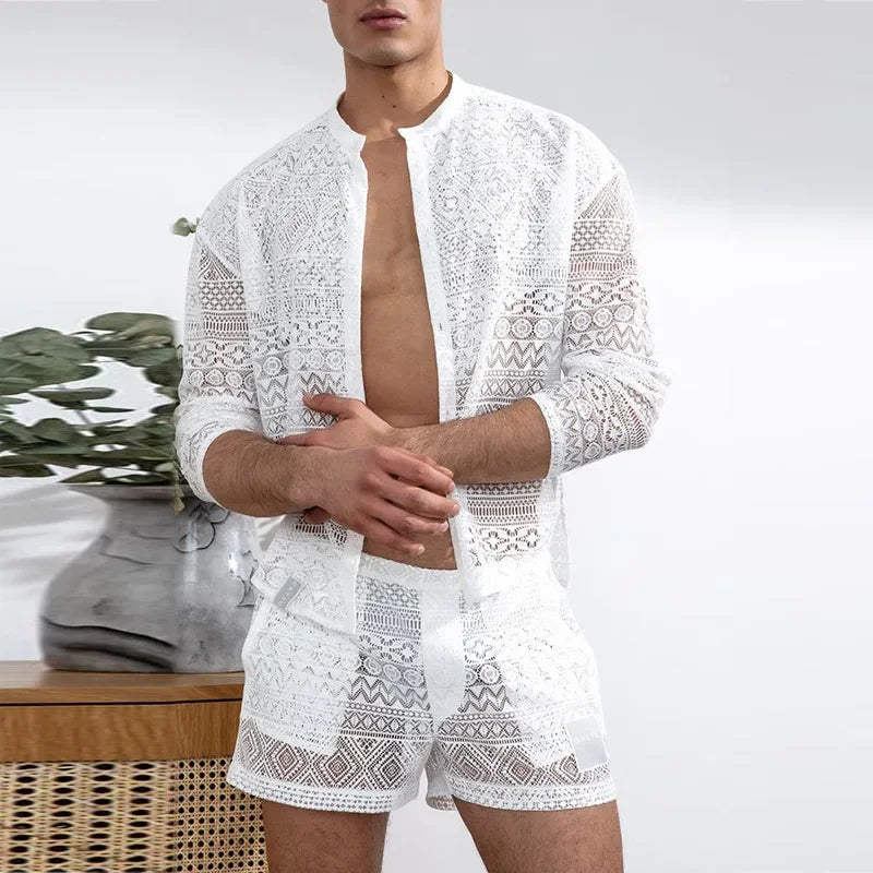 2026 Cross-border AliExpress European and American men's long-sleeved lace cut-out shirt casual shorts men's suit