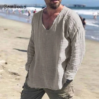 Men's Patchwork T-shirt Men Long Sleeve Fashion Ripped Cotton Tops Latest Summer Casual Linen Pullovers Sexy Mens clothing 2024