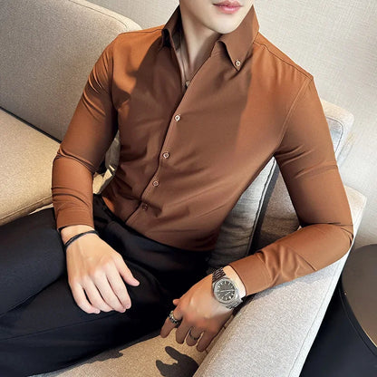 Men Dress Shirt 2025 Autumn Long Sleeve Camisas Business Fashion Shirt Male Solid British Style White Black Shirt Men Clothing