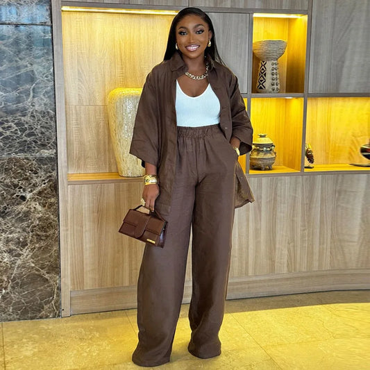 Two Piece Set Women Wholesale Lapel Loose Single Breasted Shirt High Waisted Straight Leg Pants Casual Elegant Suit