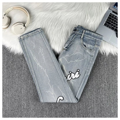 2025 Men Jeans Male Slim High Elasticity Star Embroidery Stretch Mid Waist Casual Jeans Fashion Street Wear Straight Leg Pants