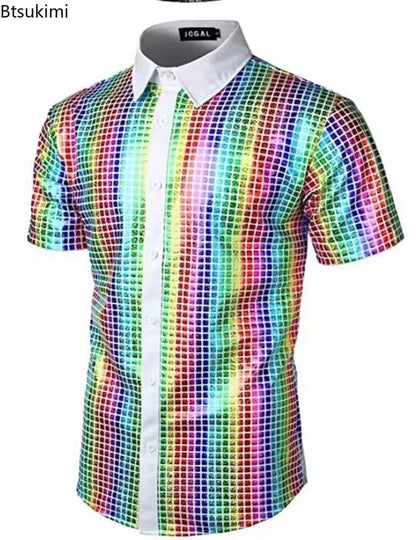 Men's Shiny Shirts Short Sleeve Shirts Nightclub Prom Disco Party Costume Button Blouse Casual Retro Cosplay Shirts Tops for Men